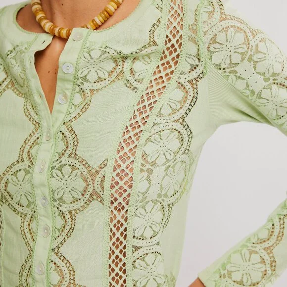 FREE PEOPLE Jae Knit Long Sleeve / Fresh Green NWT PTP 18” medium - Picture 4 of 7